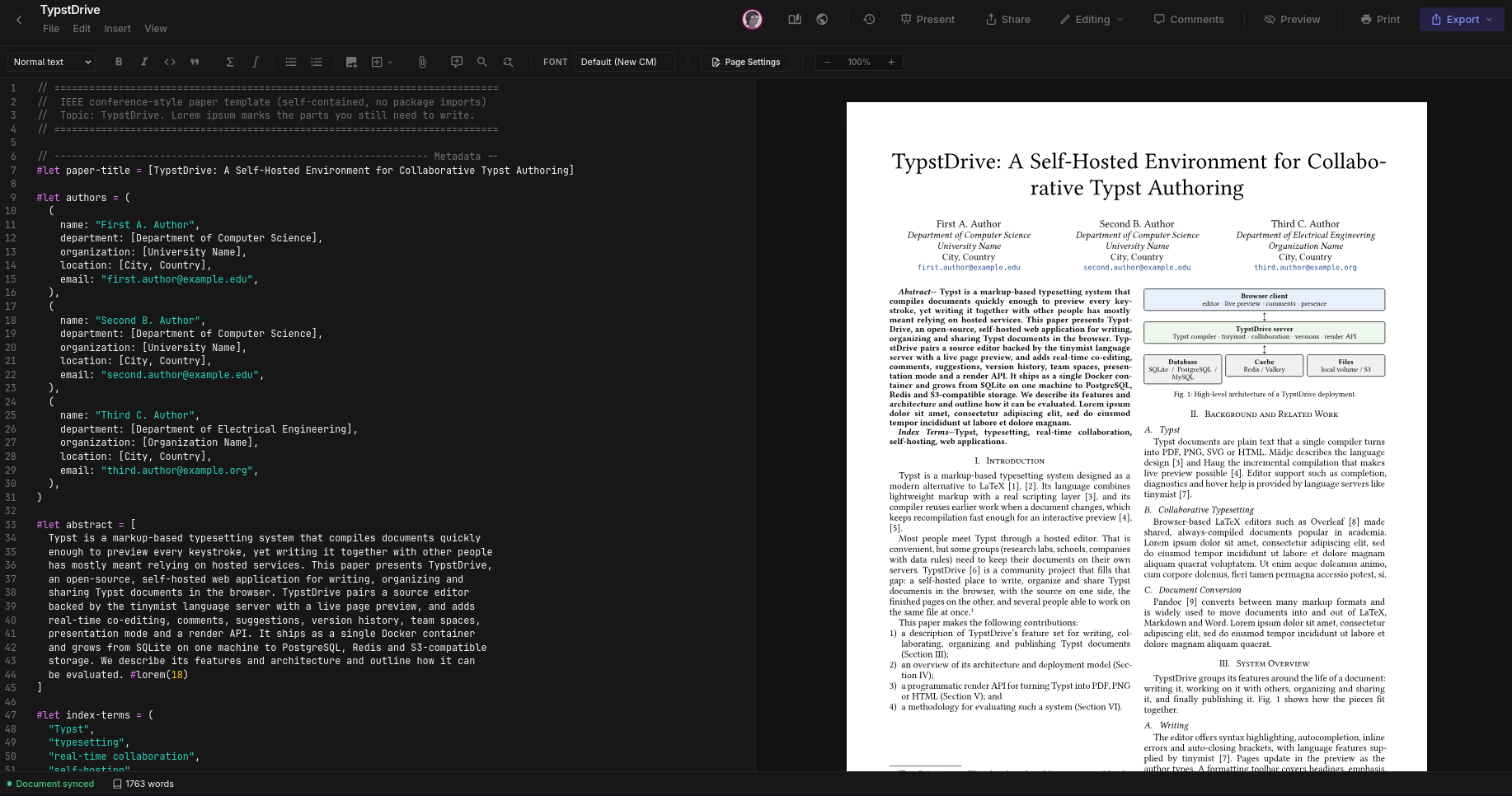 The TypstDrive editor with a live preview
