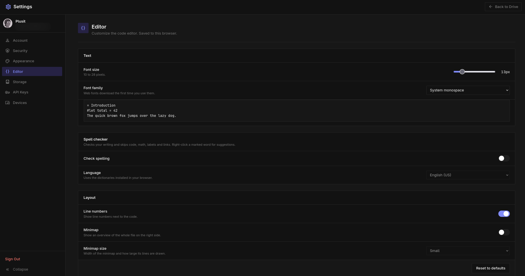The settings page