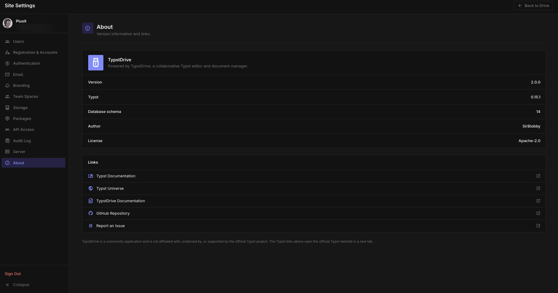 The site settings page